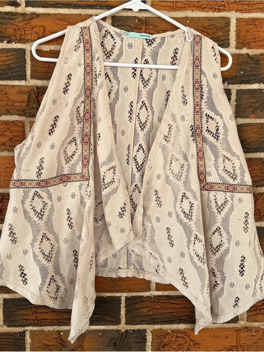 Maurices Cream Crochet Open-Front Vest with Embroidered Trim